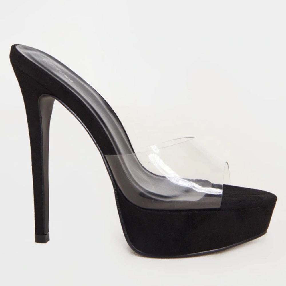 Pretty Little Thing BLACK HIGH PLATFORM CLEAR MULE SANDALS Suede PVC Size UK 6 - Picture 16 of 16